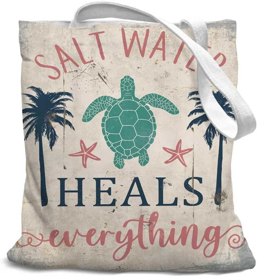 Beach Ocean Turtle Canvas Tote Bag, Salt Water Heals Everything Sign, Ocean Turtle Reusable Grocery Bags, Shopping Gift Bag for Work Travel Shoulder Bag