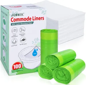 Bedside Commode Liners with Super Aborbent Pad, 100 Bags 100 Pads for Bedside Toilet Chair Bucket