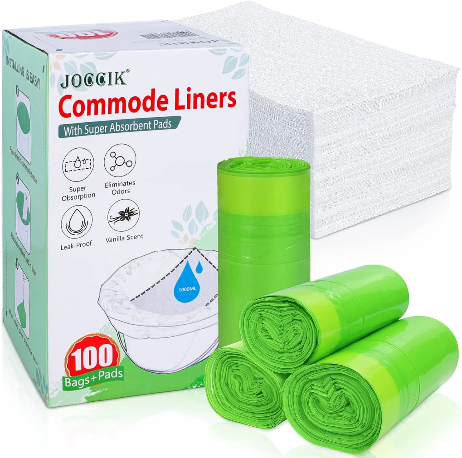 Bedside Commode Liners with Super Aborbent Pad, 100 Bags 100 Pads for Bedside Toilet Chair Bucket