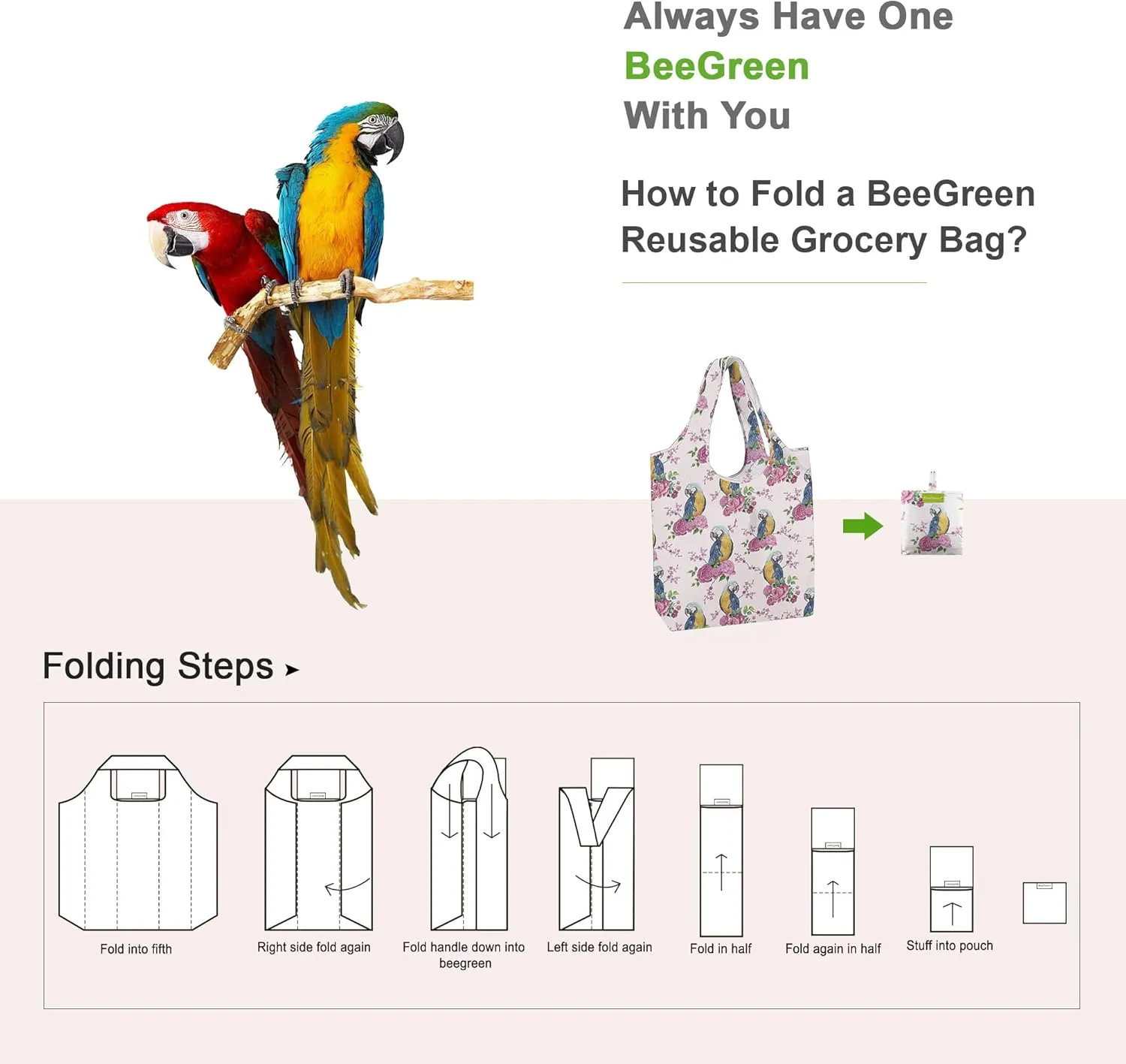 BeeGreen Reusable Shopping Bags - 6 Pack Bird Print Grocery Totes | Heavy Duty Washable Polyester Shopping Bag for Women, Reusable Gift Foldable Market Tote with Handles