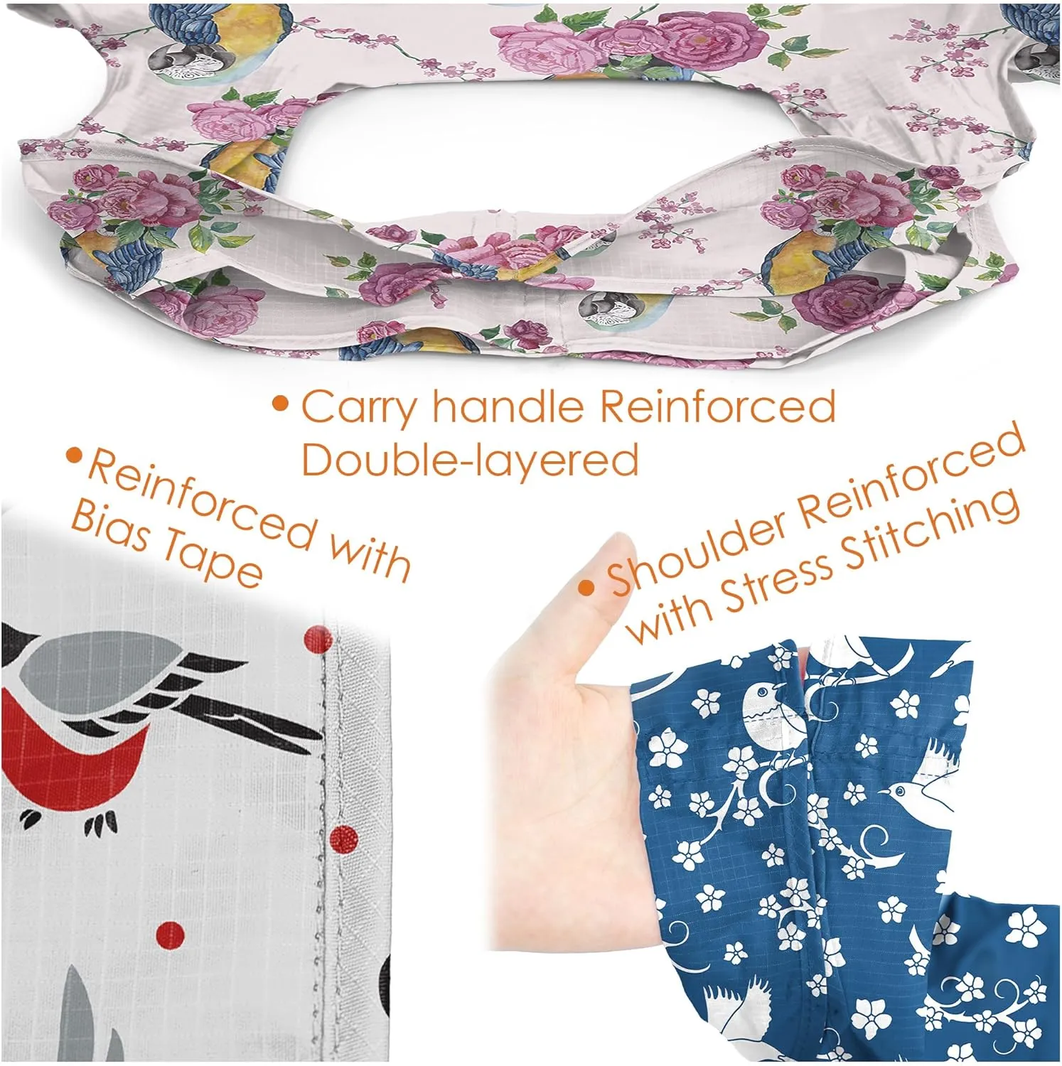 BeeGreen Reusable Shopping Bags - 6 Pack Bird Print Grocery Totes | Heavy Duty Washable Polyester Shopping Bag for Women, Reusable Gift Foldable Market Tote with Handles