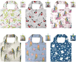 BeeGreen Reusable Shopping Bags - 6 Pack Bird Print Grocery Totes | Heavy Duty Washable Polyester Shopping Bag for Women, Reusable Gift Foldable Market Tote with Handles