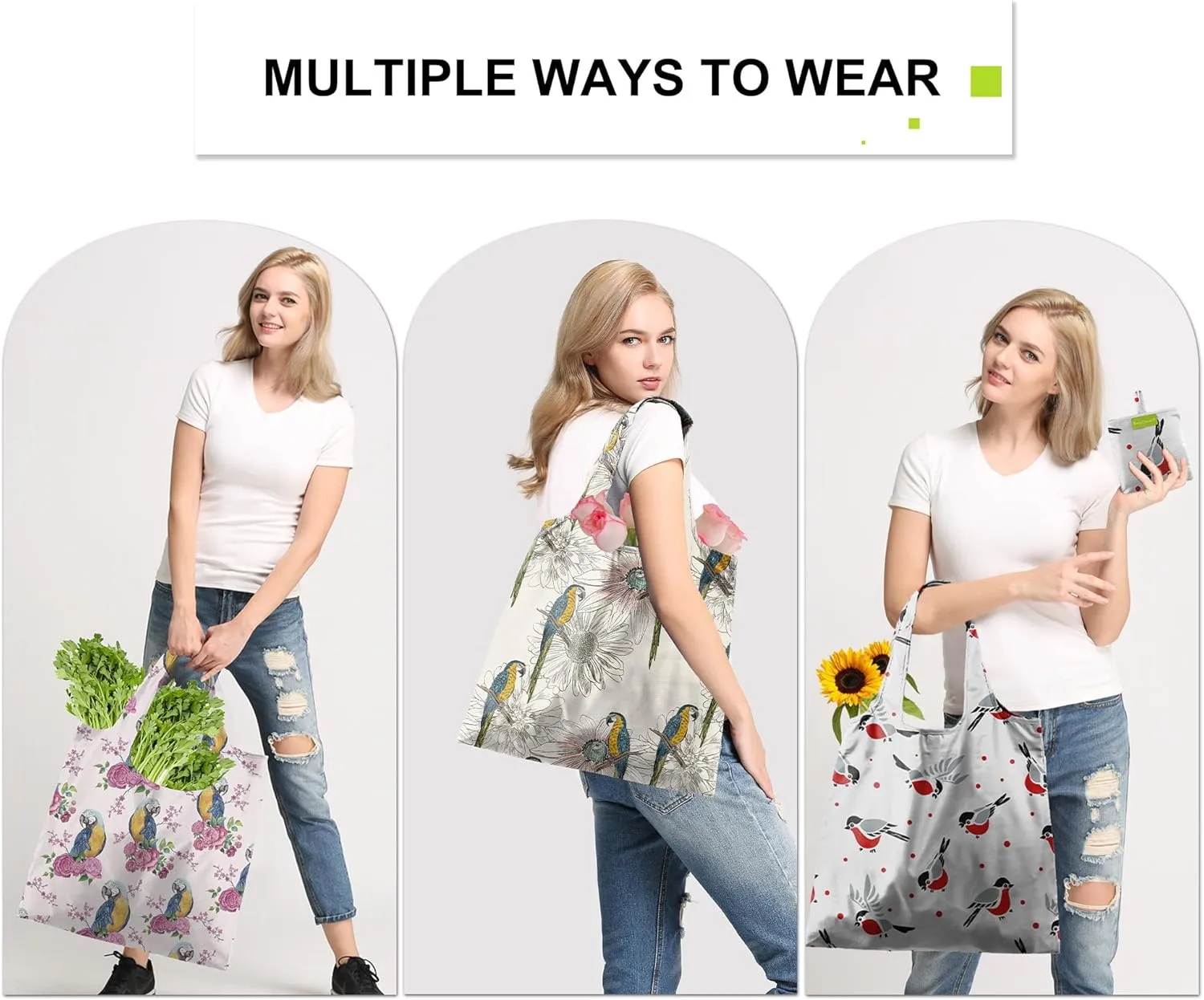 BeeGreen Reusable Shopping Bags - 6 Pack Bird Print Grocery Totes | Heavy Duty Washable Polyester Shopping Bag for Women, Reusable Gift Foldable Market Tote with Handles