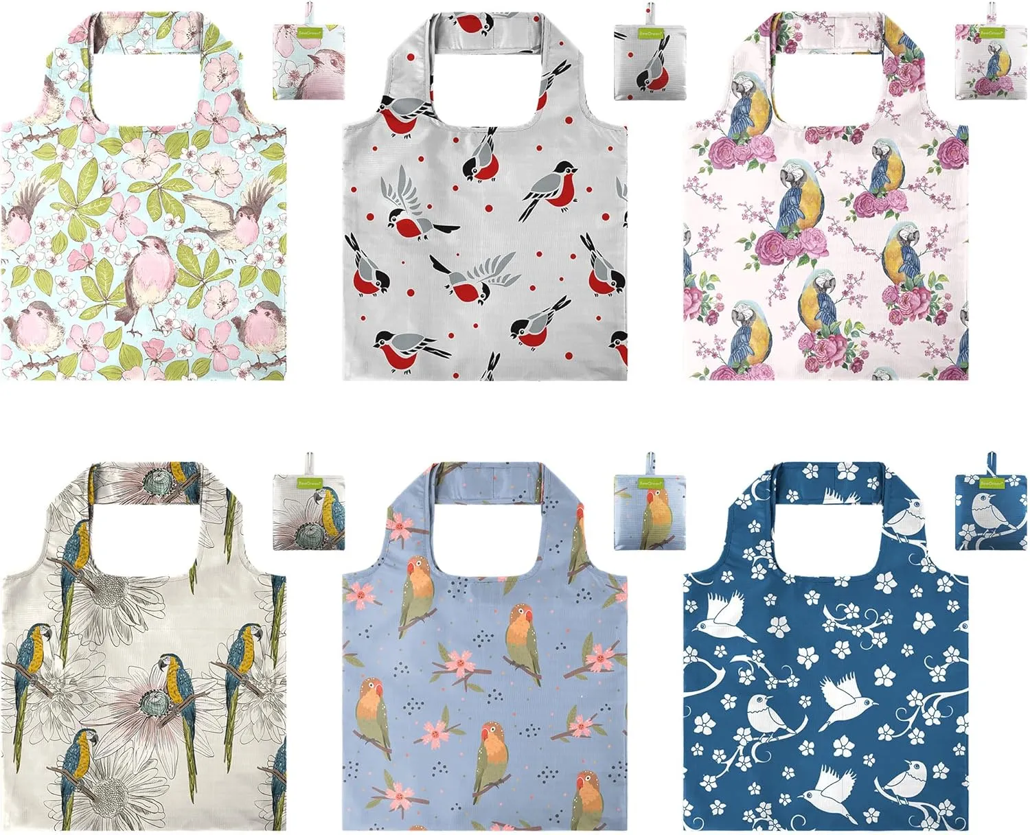 BeeGreen Reusable Shopping Bags - 6 Pack Bird Print Grocery Totes | Heavy Duty Washable Polyester Shopping Bag for Women, Reusable Gift Foldable Market Tote with Handles