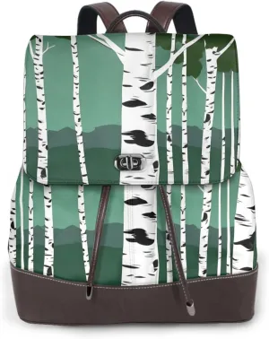Birch Trees Print Leather Backpack Bags For Women Fashion Shoulder Bags Large Travel Hiking Daypacks