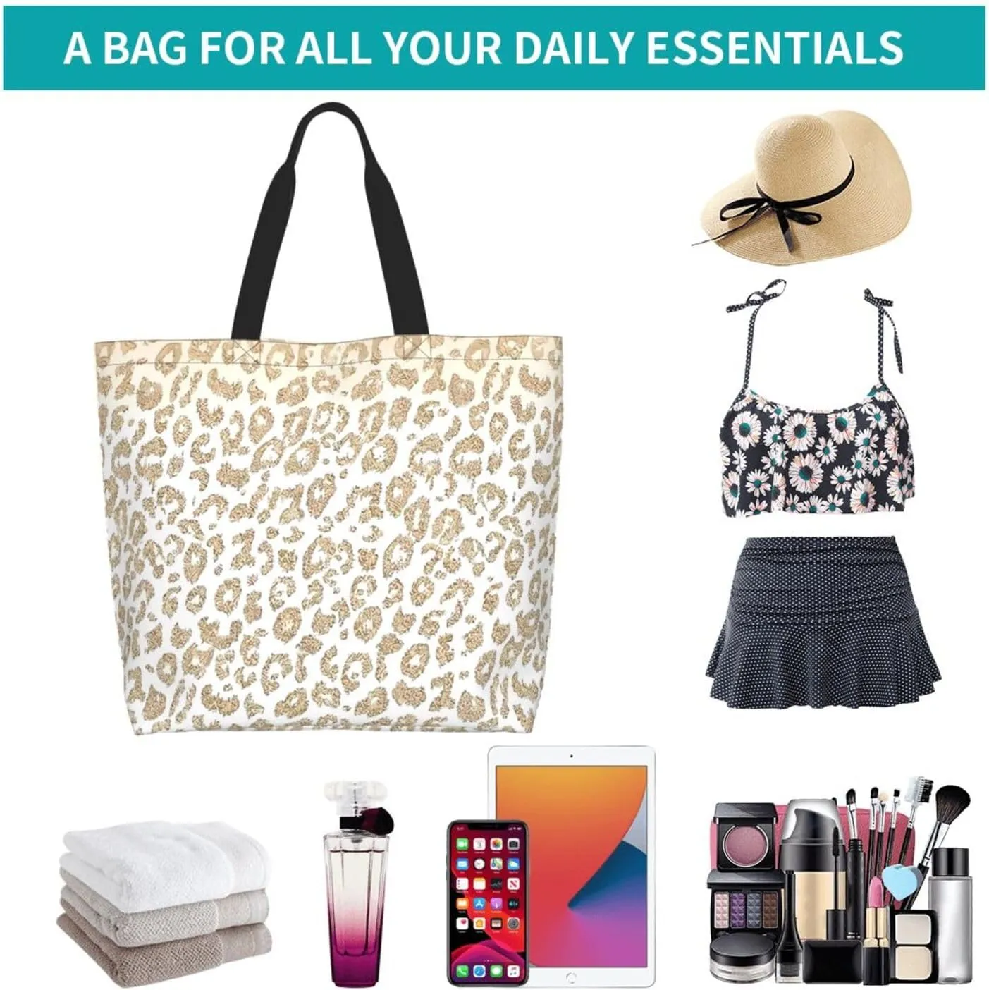 Black Leopard Print Women's Tote Bag Large Capacity Single Shoulder Bags Handbag for Shopping Work