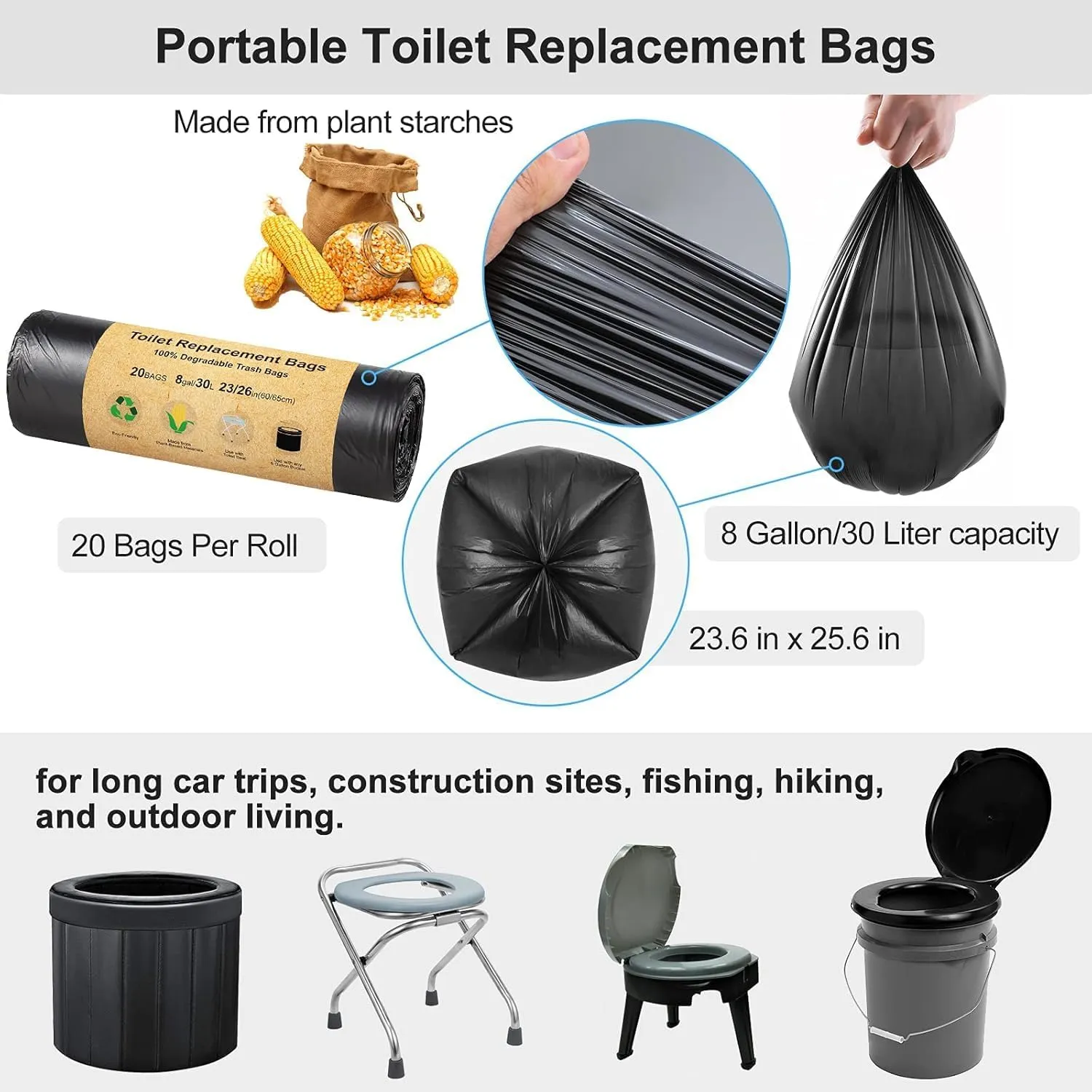 BLIKA 80 Count Toilet Replacement Bags, 8 Gallon, 30 Liter, Heavy Duty 1 Mil, Compost Bags 8 Gallon, Camping Toilet Bags for Portable Toilet, Car Travel, Camping, Long Trips