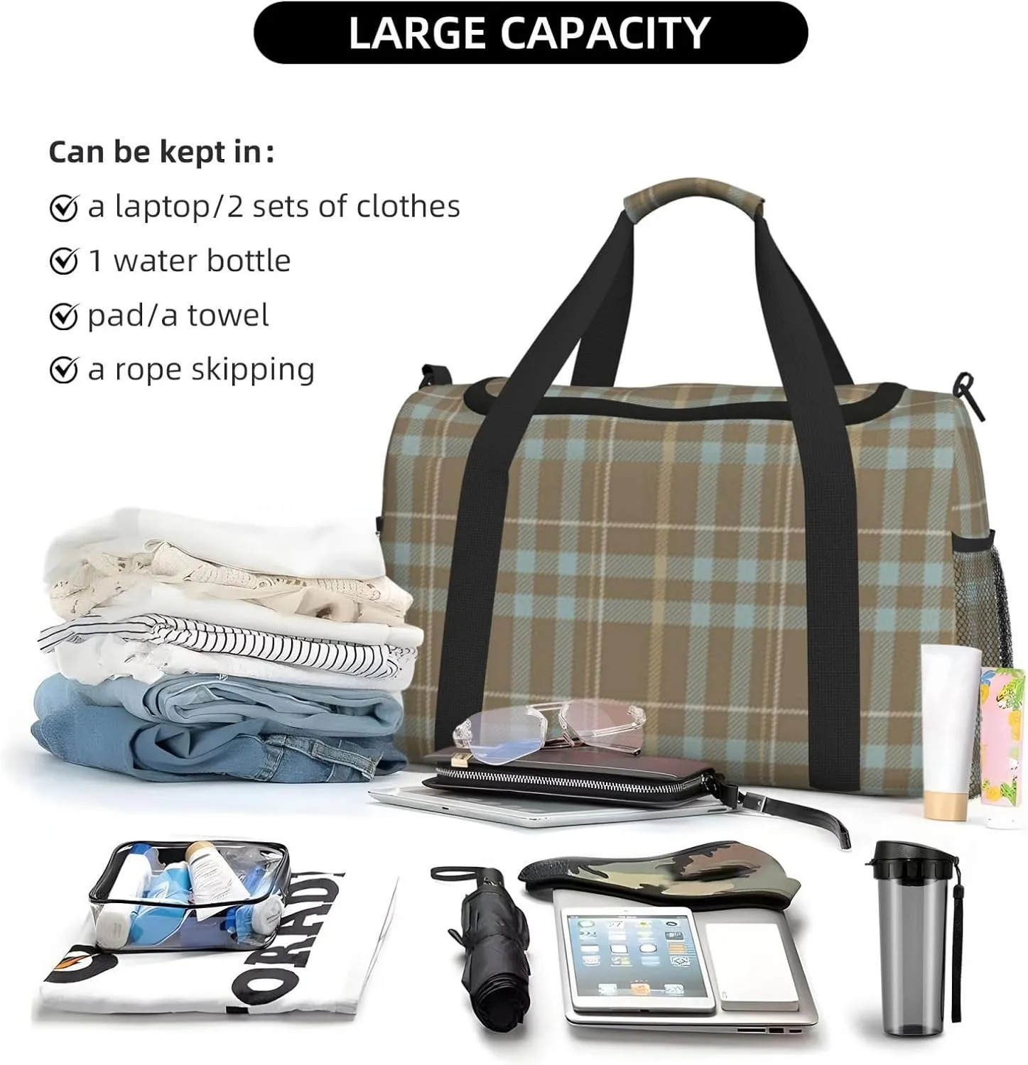 Blue Earth Grid Travel Duffel Bag Large Foldable Waterproof Overnight Bag For Beach Swim Bags Pool Sports Gym