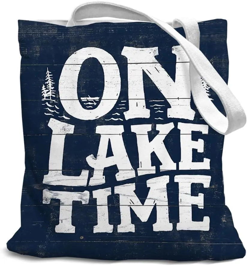 Blue Lake Canvas Tote Bag, On Lake Time Sign, Blue Reusable Grocery Bags, Back to School for Students, Shopping Gift Bag for Work Travel Shoulder Bag, White, 010-BXCB-lake