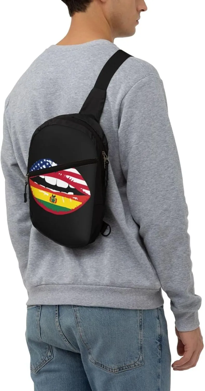 Bolivia Bolivian American Flag Lips Packable Crossbody Bag Portable Sling Bags Foldable Travel Daypack Reusable Sports Shoulder Backpack Diagonally Chest Bag for Workout
