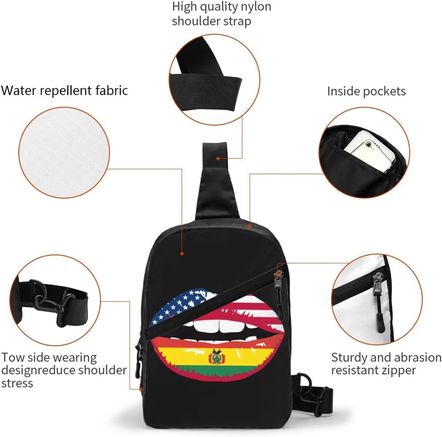 Bolivia Bolivian American Flag Lips Packable Crossbody Bag Portable Sling Bags Foldable Travel Daypack Reusable Sports Shoulder Backpack Diagonally Chest Bag for Workout