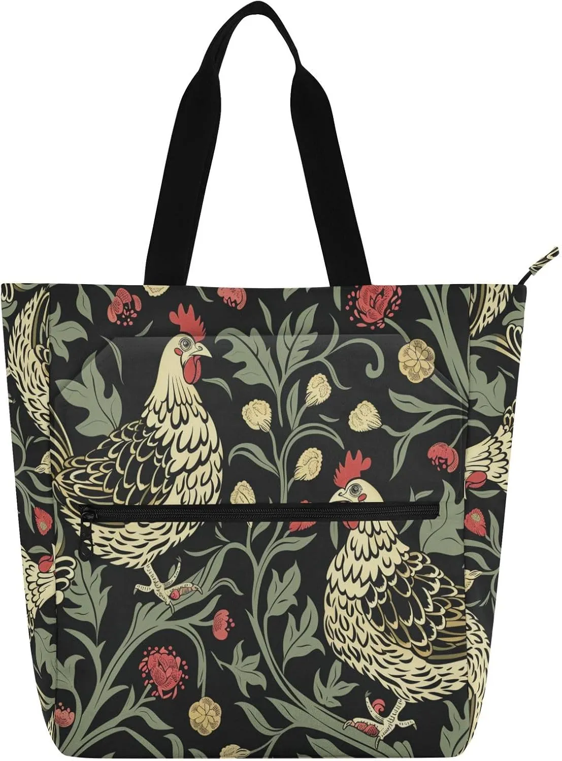 Book Bag Art Tote Bag for Kids Students Adults, William Morris Chicken Dark Red Black Large Heavy Duty Teacher Tote Bag Library Bag for School Shopping Grocery