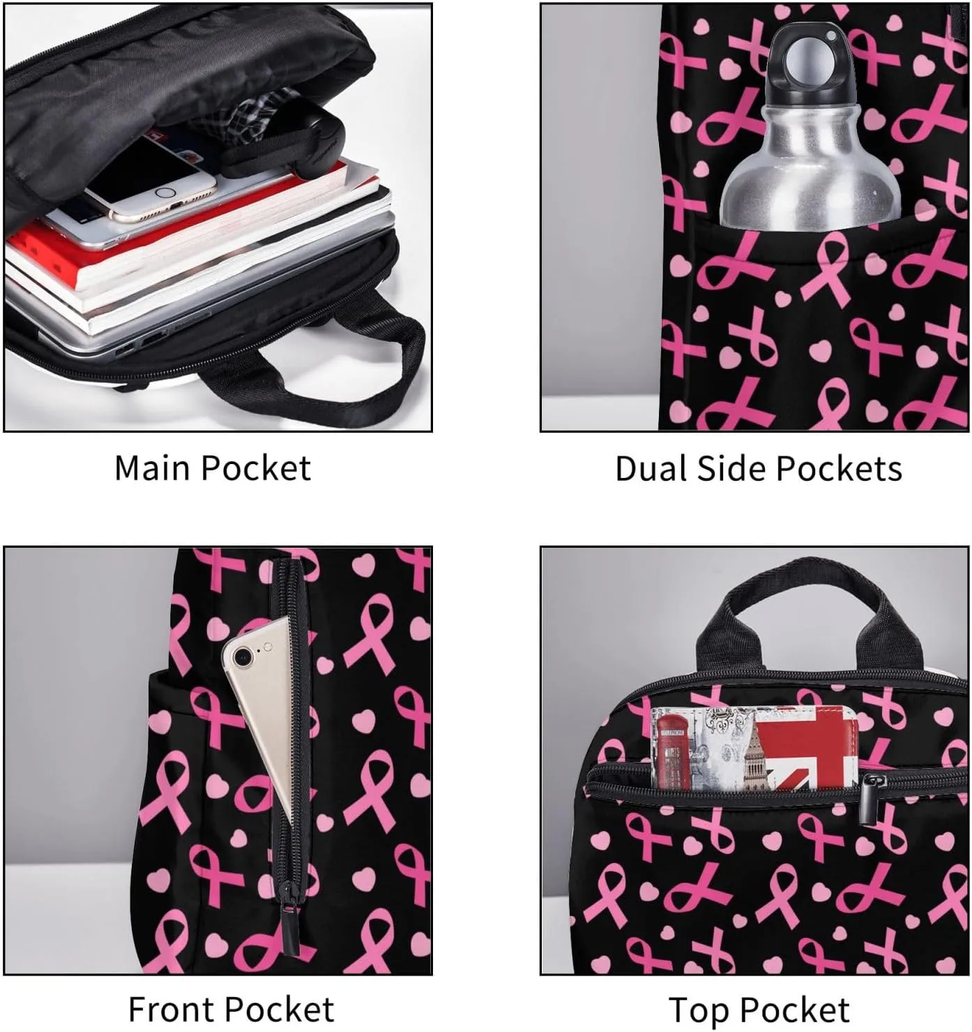 Breast cancer awareness ribbons love heart black Backpack Travel Bag Bookbags Satchels Daypacks