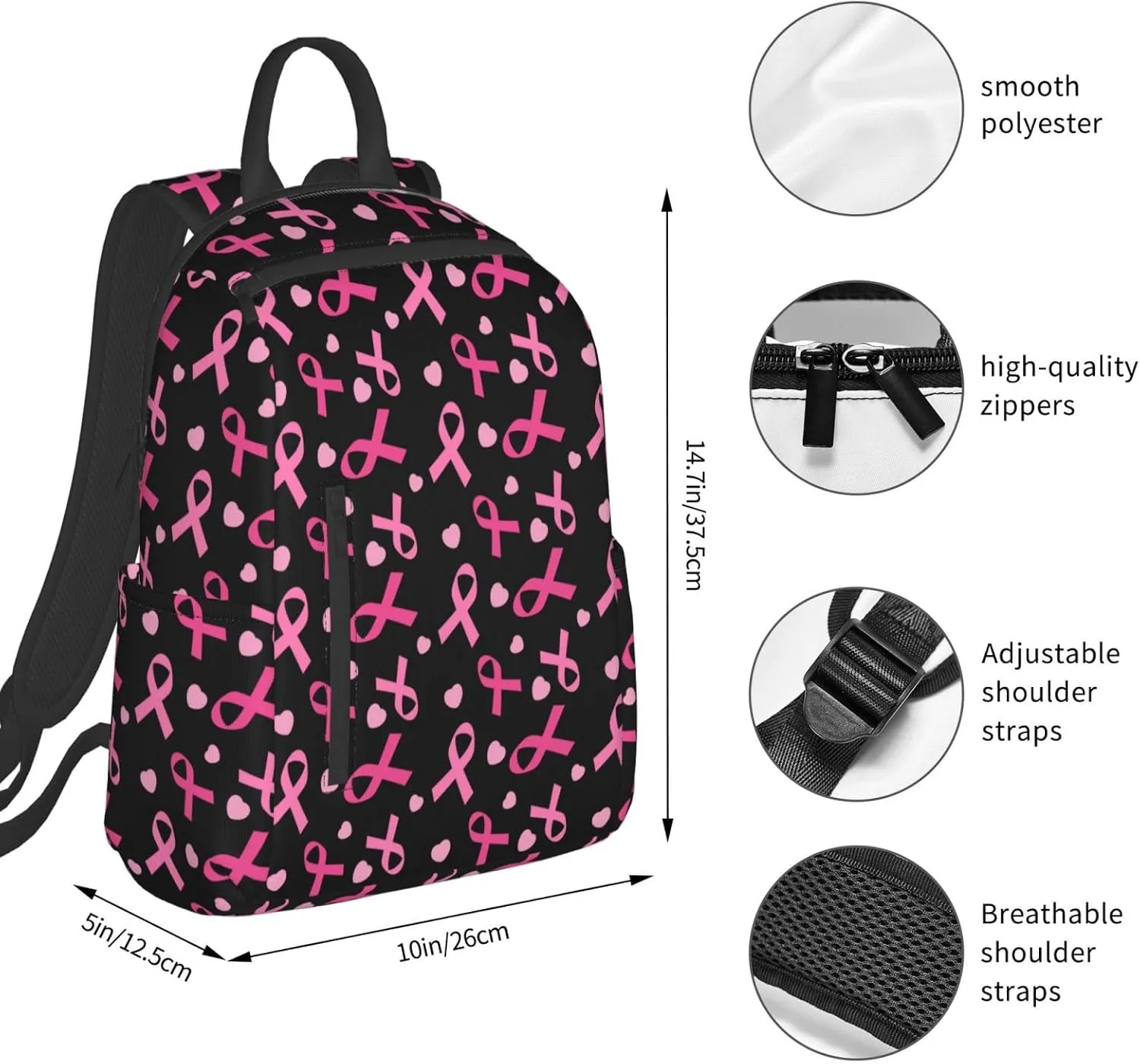 Breast cancer awareness ribbons love heart black Backpack Travel Bag Bookbags Satchels Daypacks