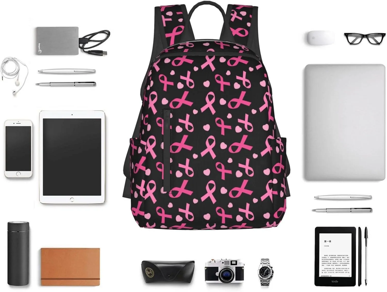Breast cancer awareness ribbons love heart black Backpack Travel Bag Bookbags Satchels Daypacks