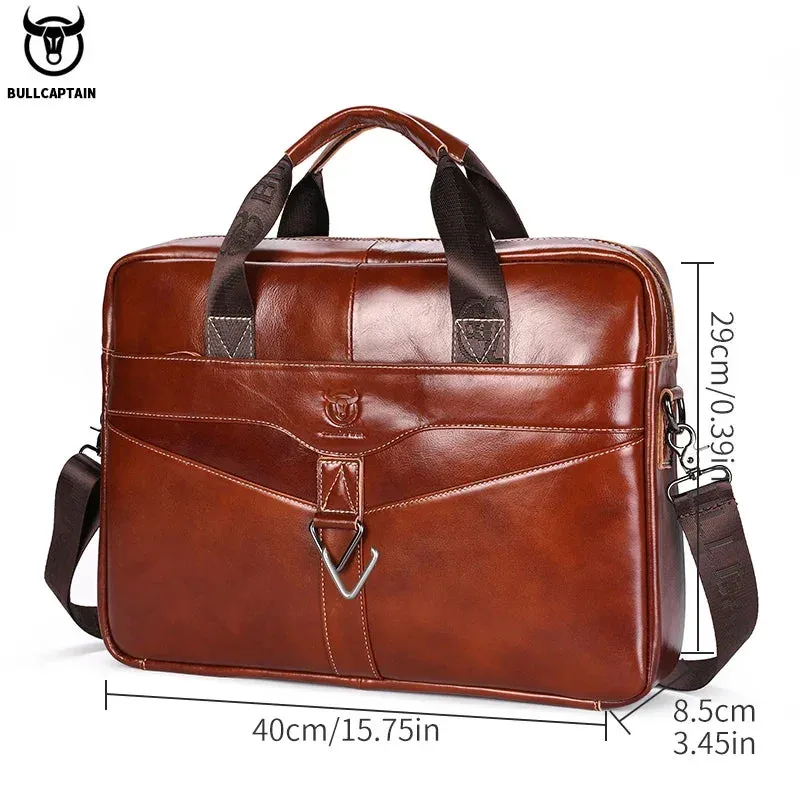 BULLCAPTAIN Men's Genuine Leather Briefcase Shoulder Bag 15 Inch Laptop Case Men's Briefcase Classic Office Business Handbag