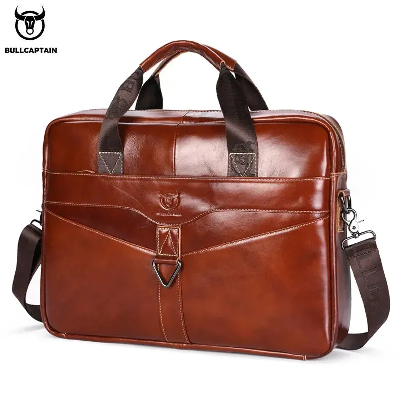 BULLCAPTAIN Men's Genuine Leather Briefcase Shoulder Bag 15 Inch Laptop Case Men's Briefcase Classic Office Business Handbag
