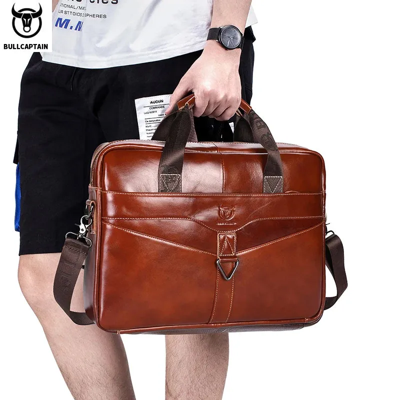 BULLCAPTAIN Men's Genuine Leather Briefcase Shoulder Bag 15 Inch Laptop Case Men's Briefcase Classic Office Business Handbag