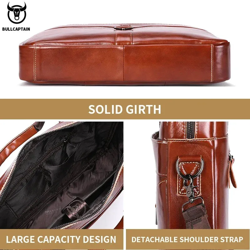 BULLCAPTAIN Men's Genuine Leather Briefcase Shoulder Bag 15 Inch Laptop Case Men's Briefcase Classic Office Business Handbag