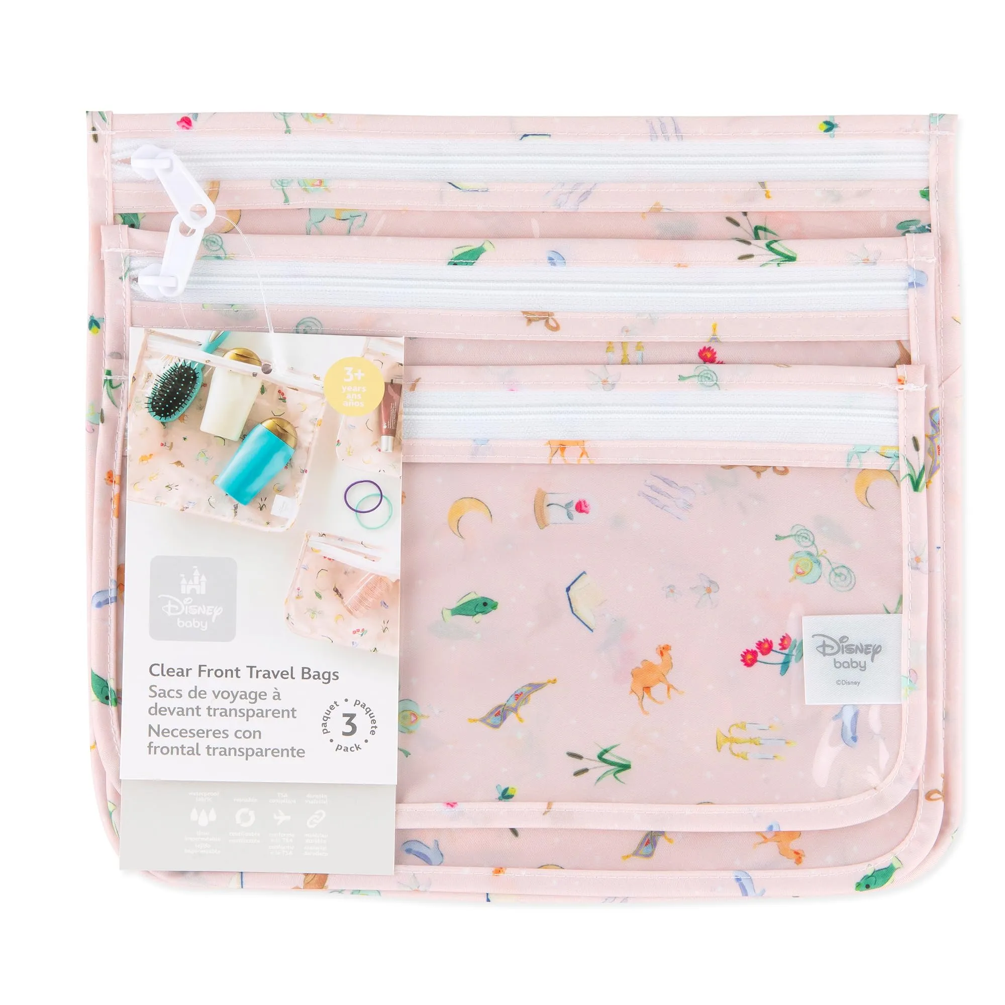 Bumkins Disney Travel Bag, Toiletry, TSA Approved Pouch, Zip Bag, Quart Size Airline Compliant, Clear-Sided, Baby, Diaper Bag Organization, Accessories, Packing, Set of 3 Sizes, Princess Magic Pink