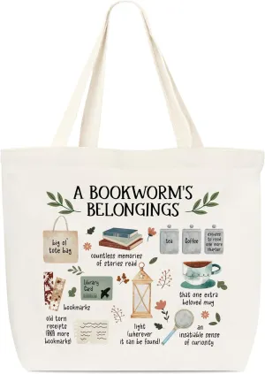 Canvas Tote Bag, Book Tote Bag, Book Lover Gift, A Bookworm's Belongings Tote, Library Tote Bag, Reusable Grocery Shopping Bag, Library Shoulder Bag For Reader Bookish Women Friend Bookworm A(12)