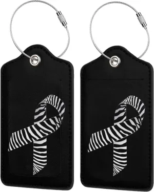 Carcinoid Cancer Awareness Zebra Pattern Luggage Tags for Travel, Stainless Steel & Leather, Personalized Engraved, Durable Bag Tags 1