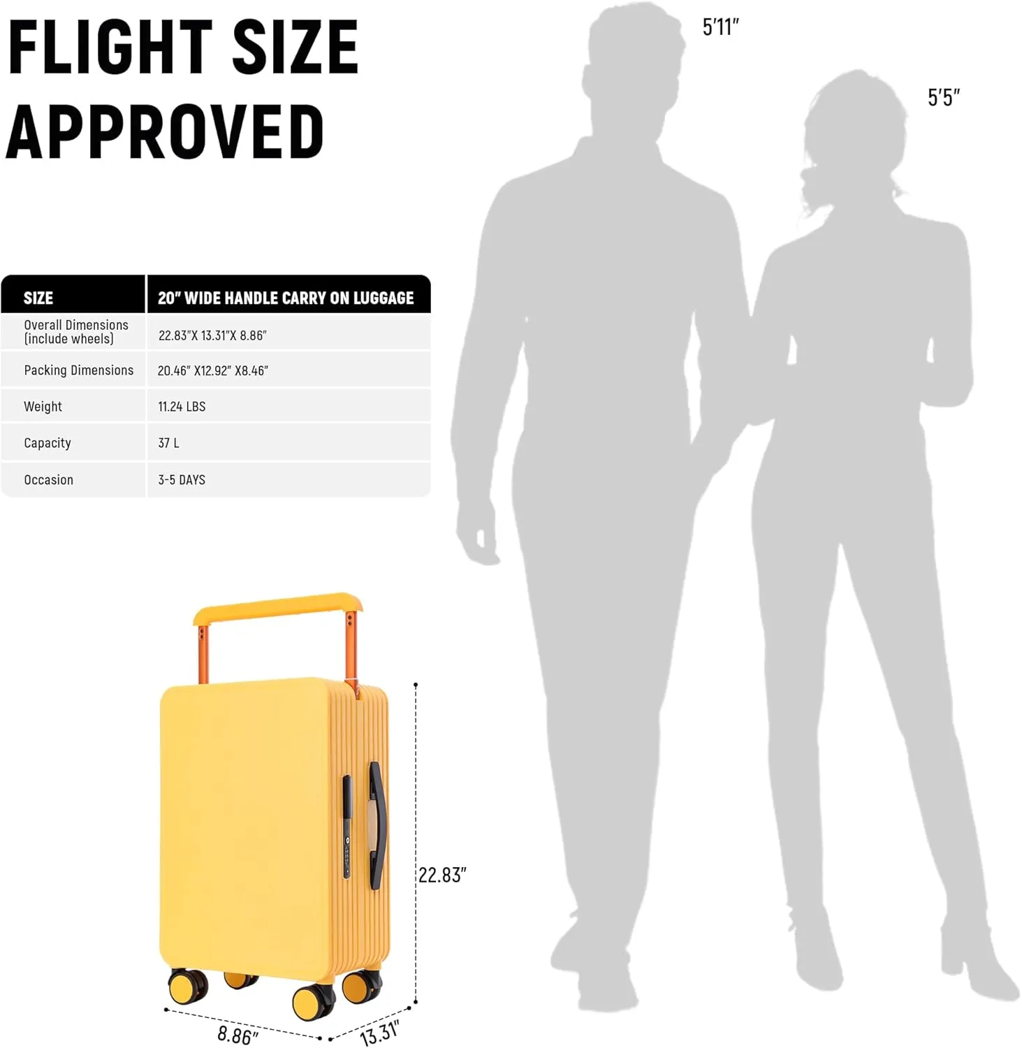 Carry On Luggage 20In Wide Handle PC Hardshell Suitcases with Spinner Wheels & TSA Lock Frameless Luggage Zipperless Luggage, Yellow
