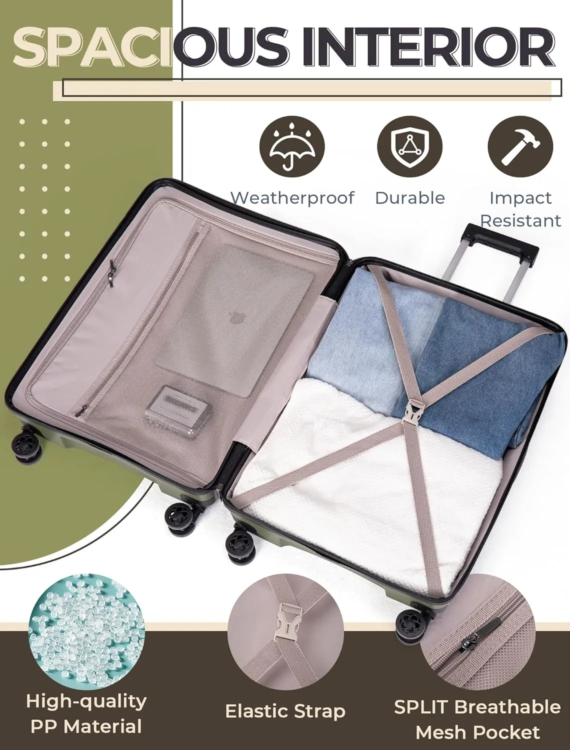 Carry On Luggage 22x14x9 Airline Approved, 20-inch Hard Shell Suitcases with Wheels, PP Lightweight Carry on Suitcase with TSA Lock