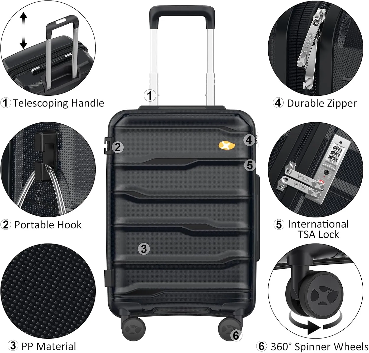 Carry On Luggage 22x14x9 Airline Approved, Hard Shell Suitcase with Spinner Wheels, PP Lightweight Luggages with TSA Lock, Carry-On Suitcases 20 Inch, Black