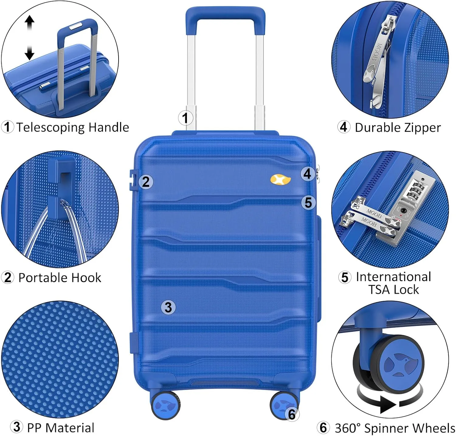 Carry On Luggage 22x14x9 Airline Approved, Hard Shell Suitcase with Spinner Wheels, PP Lightweight Luggages with TSA Lock, Carry-On Suitcases 20 Inch, Blue