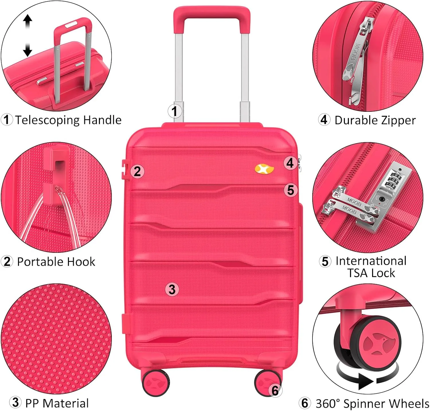 Carry On Luggage 22x14x9 Airline Approved, Hard Shell Suitcase with Spinner Wheels, PP Lightweight Luggages with TSA Lock, Carry-On Suitcases 20 Inch, Red