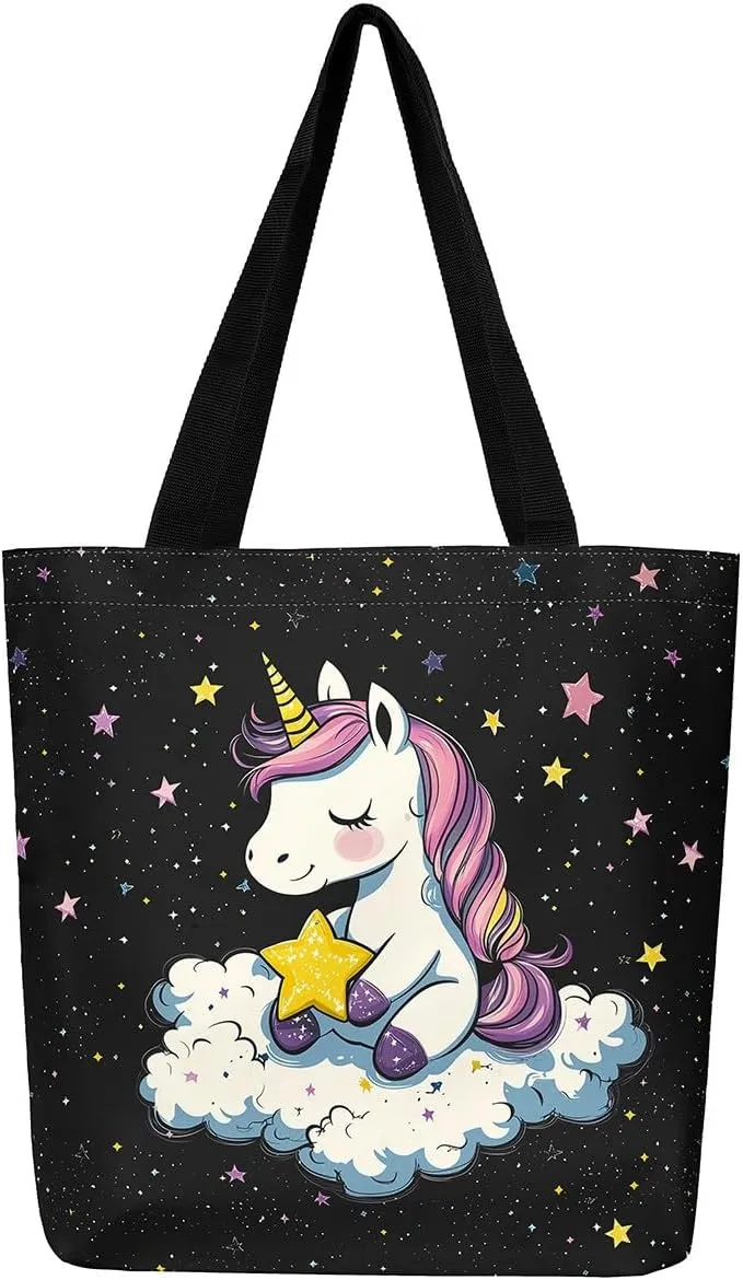 Cartoon Canvas Tote Bag Aesthetic for Women,Cute Animals Reusable Grocery Handbag