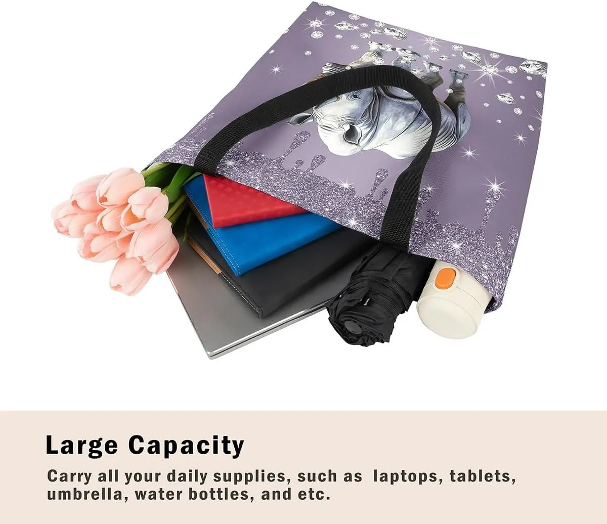Castle Fairy Animals Theme Canvas Tote Bag,Diamond Sequin Fluid Art Aesthetic Shoulder Handbags for Shopping Gym