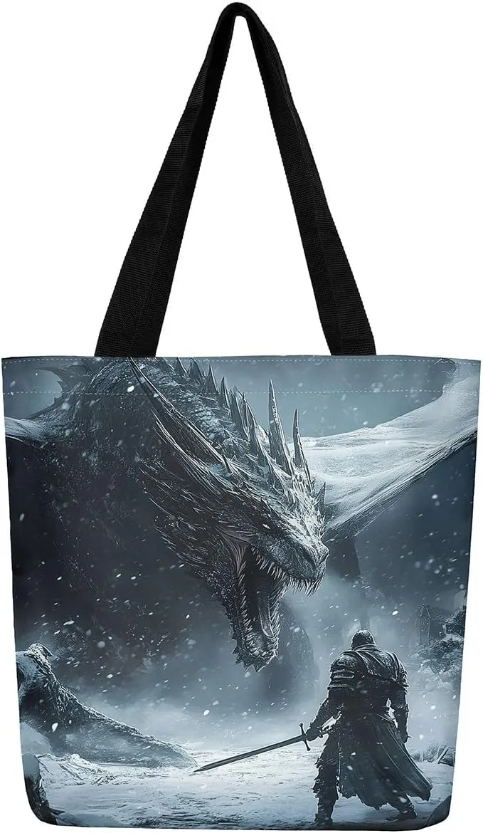 Castle Fairy Dragon Canvas Tote Bag,Western Wildlife Animals Aesthetic Shoulder Handbags for Shopping Gym,Reusable