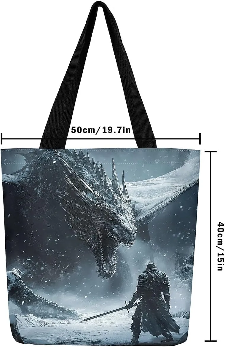 Castle Fairy Dragon Canvas Tote Bag,Western Wildlife Animals Aesthetic Shoulder Handbags for Shopping Gym,Reusable