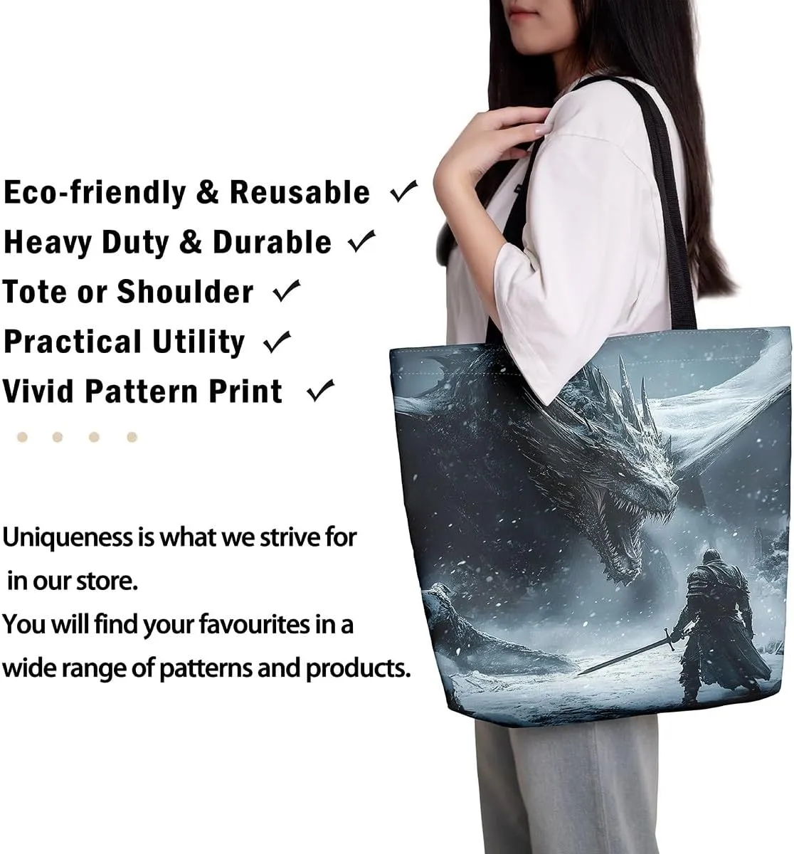 Castle Fairy Dragon Canvas Tote Bag,Western Wildlife Animals Aesthetic Shoulder Handbags for Shopping Gym,Reusable