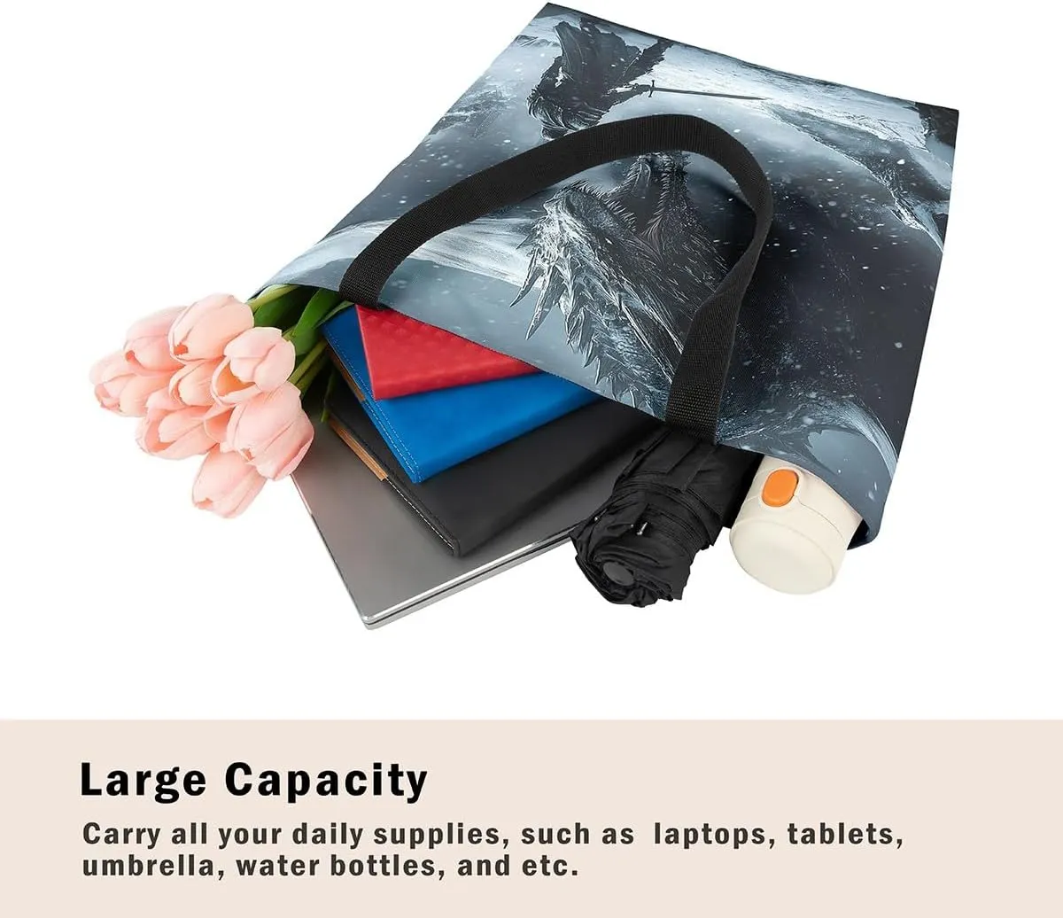 Castle Fairy Dragon Canvas Tote Bag,Western Wildlife Animals Aesthetic Shoulder Handbags for Shopping Gym,Reusable