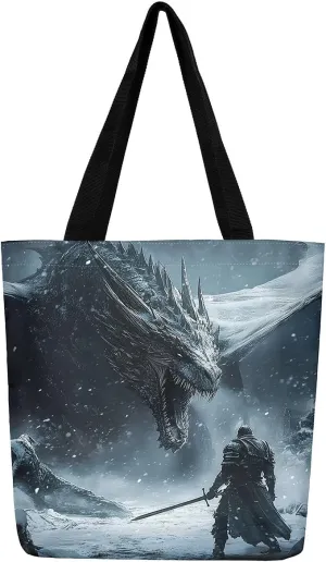 Castle Fairy Dragon Canvas Tote Bag,Western Wildlife Animals Aesthetic Shoulder Handbags for Shopping Gym,Reusable