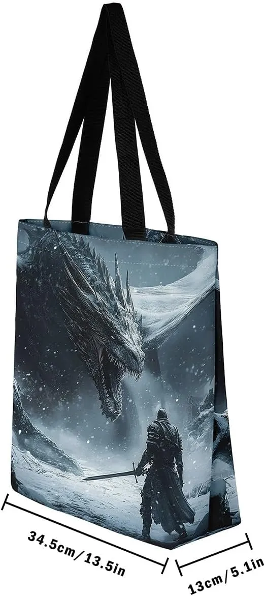 Castle Fairy Dragon Canvas Tote Bag,Western Wildlife Animals Aesthetic Shoulder Handbags for Shopping Gym,Reusable