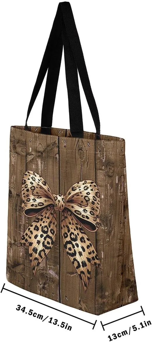 Castle Fairy Leopard Print Bow Canvas Tote Bag,Geometric Grid Shoulder Handbags for Shopping,Valentine's Day Tote Bag Handbag