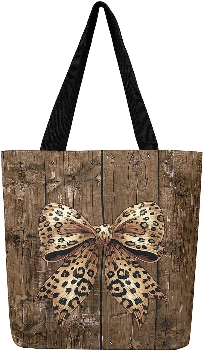 Castle Fairy Leopard Print Bow Canvas Tote Bag,Geometric Grid Shoulder Handbags for Shopping,Valentine's Day Tote Bag Handbag