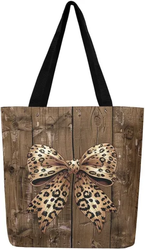 Castle Fairy Leopard Print Bow Canvas Tote Bag,Geometric Grid Shoulder Handbags for Shopping,Valentine's Day Tote Bag Handbag