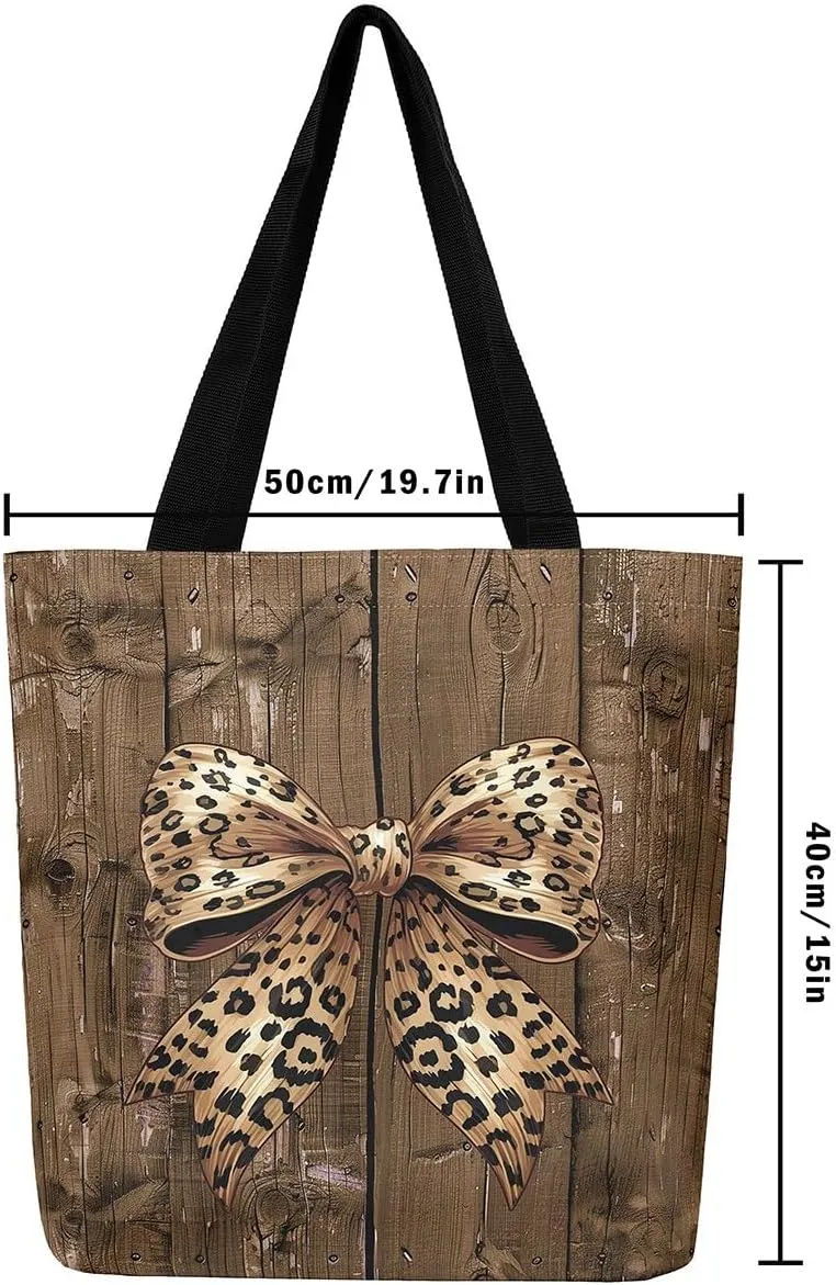 Castle Fairy Leopard Print Bow Canvas Tote Bag,Geometric Grid Shoulder Handbags for Shopping,Valentine's Day Tote Bag Handbag