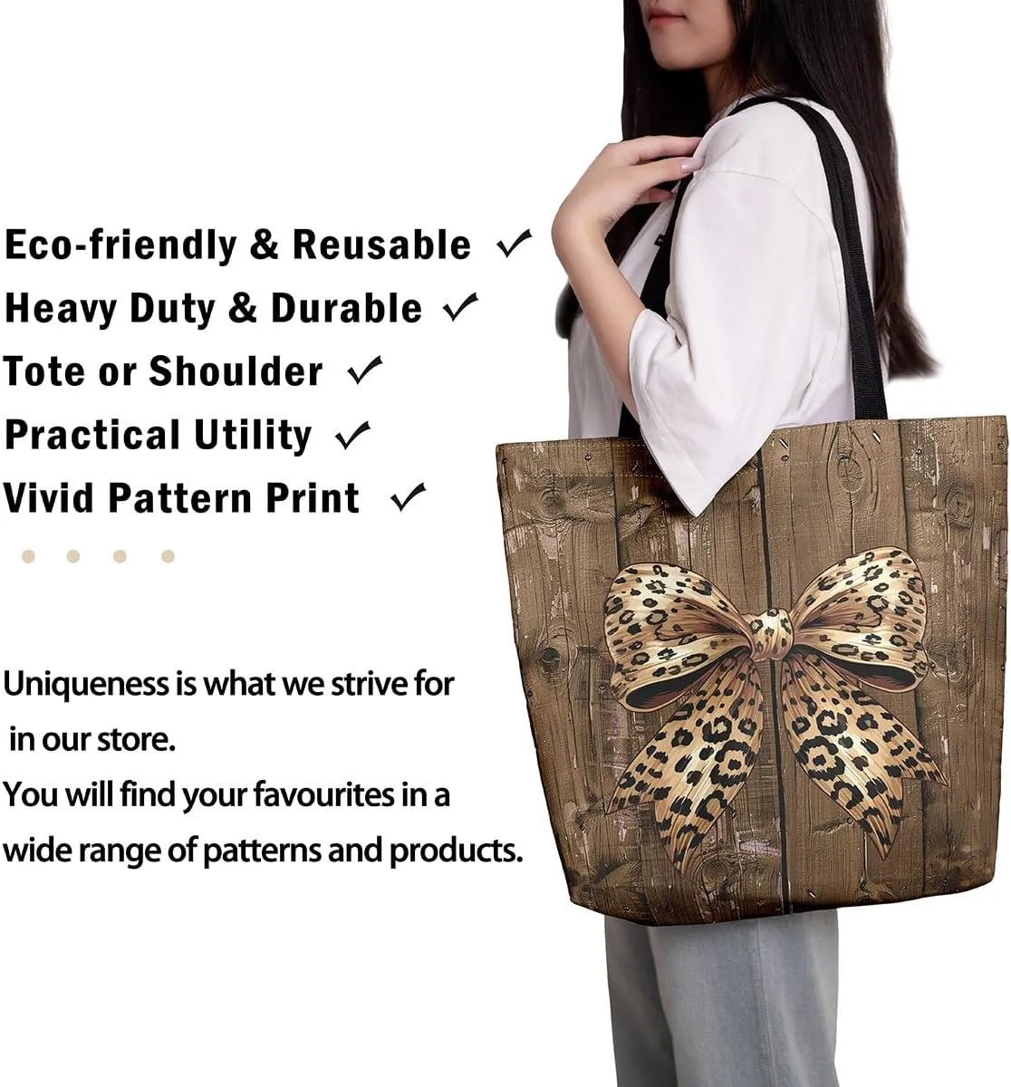 Castle Fairy Leopard Print Bow Canvas Tote Bag,Geometric Grid Shoulder Handbags for Shopping,Valentine's Day Tote Bag Handbag