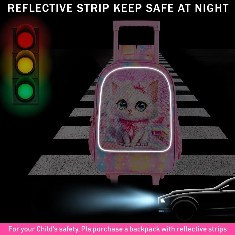 CCJPX 4PCS Rolling Backpack for Girls, Kids Cat Roller Wheels School Bookbag with Lunch Bag, Wheeled School Bag for Toddler Elementary Children