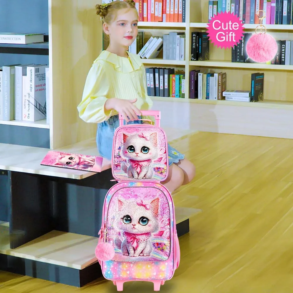 CCJPX 4PCS Rolling Backpack for Girls, Kids Cat Roller Wheels School Bookbag with Lunch Bag, Wheeled School Bag for Toddler Elementary Children