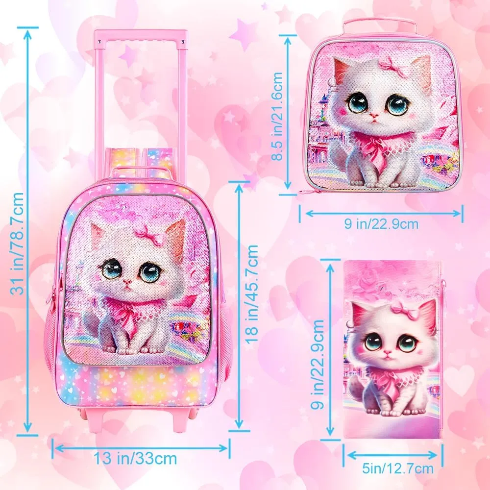CCJPX 4PCS Rolling Backpack for Girls, Kids Cat Roller Wheels School Bookbag with Lunch Bag, Wheeled School Bag for Toddler Elementary Children