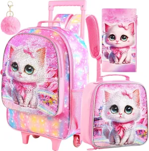 CCJPX 4PCS Rolling Backpack for Girls, Kids Cat Roller Wheels School Bookbag with Lunch Bag, Wheeled School Bag for Toddler Elementary Children