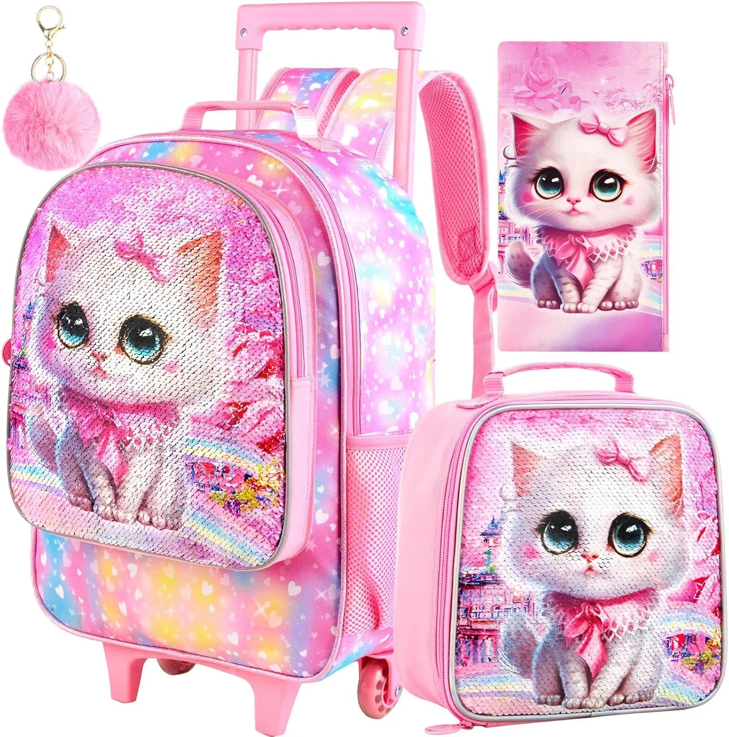 CCJPX 4PCS Rolling Backpack for Girls, Kids Cat Roller Wheels School Bookbag with Lunch Bag, Wheeled School Bag for Toddler Elementary Children