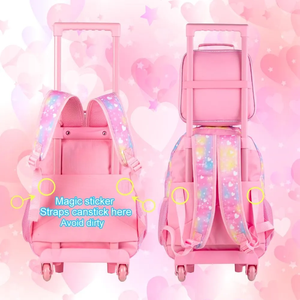 CCJPX 4PCS Rolling Backpack for Girls, Kids Cat Roller Wheels School Bookbag with Lunch Bag, Wheeled School Bag for Toddler Elementary Children